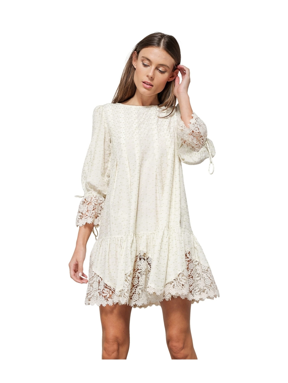 line and dot Nikki Embroidered Mini Dress Cream/Sage XS